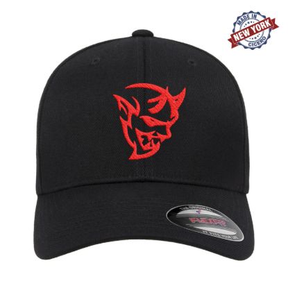 Dodge demon challenger emblem embroidered flexfit fitted hat mopar srt red black