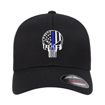 Punisher thin blue line police support embroidered flexfit hat baseball cap