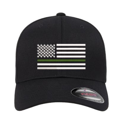Thin green olive drab line military support embroidered flexfit hat baseball cap