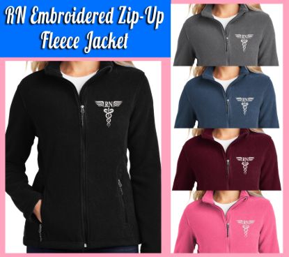 Rn caduceus embroidered zip up fleece jacket